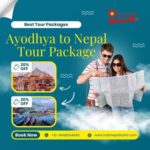 Scenic view of Ayodhya and Nepal's spiritual landmarks, including Ram Janmabhoomi Temple, Maya Devi Temple, serene lakes of Pokhara, and UNESCO heritage sites in Kathmandu like Swayambhunath Stupa and Pashupatinath Temple. A perfect blend of spirituality, culture, and adventure in the Ayodhya to Nepal 6N 7D Tour Package."