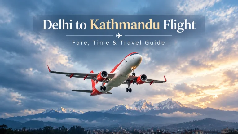 Delhi to Kathmandu flight flying over Himalayan mountains with travel guide information