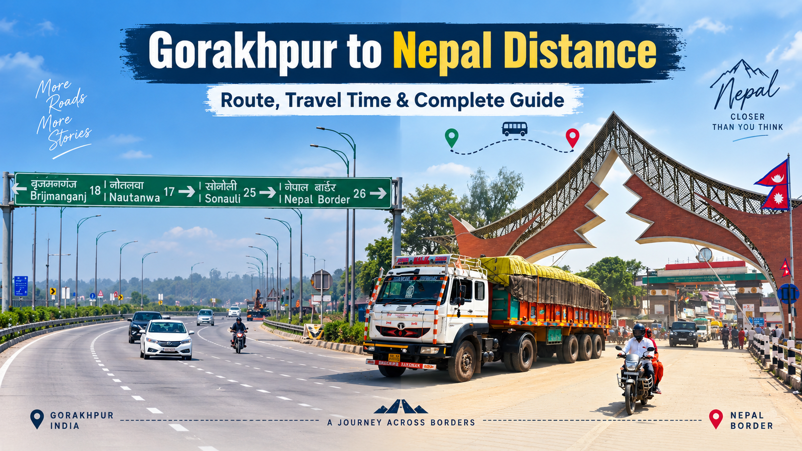 Gorakhpur to Nepal distance route showing highway and Sunauli Nepal border